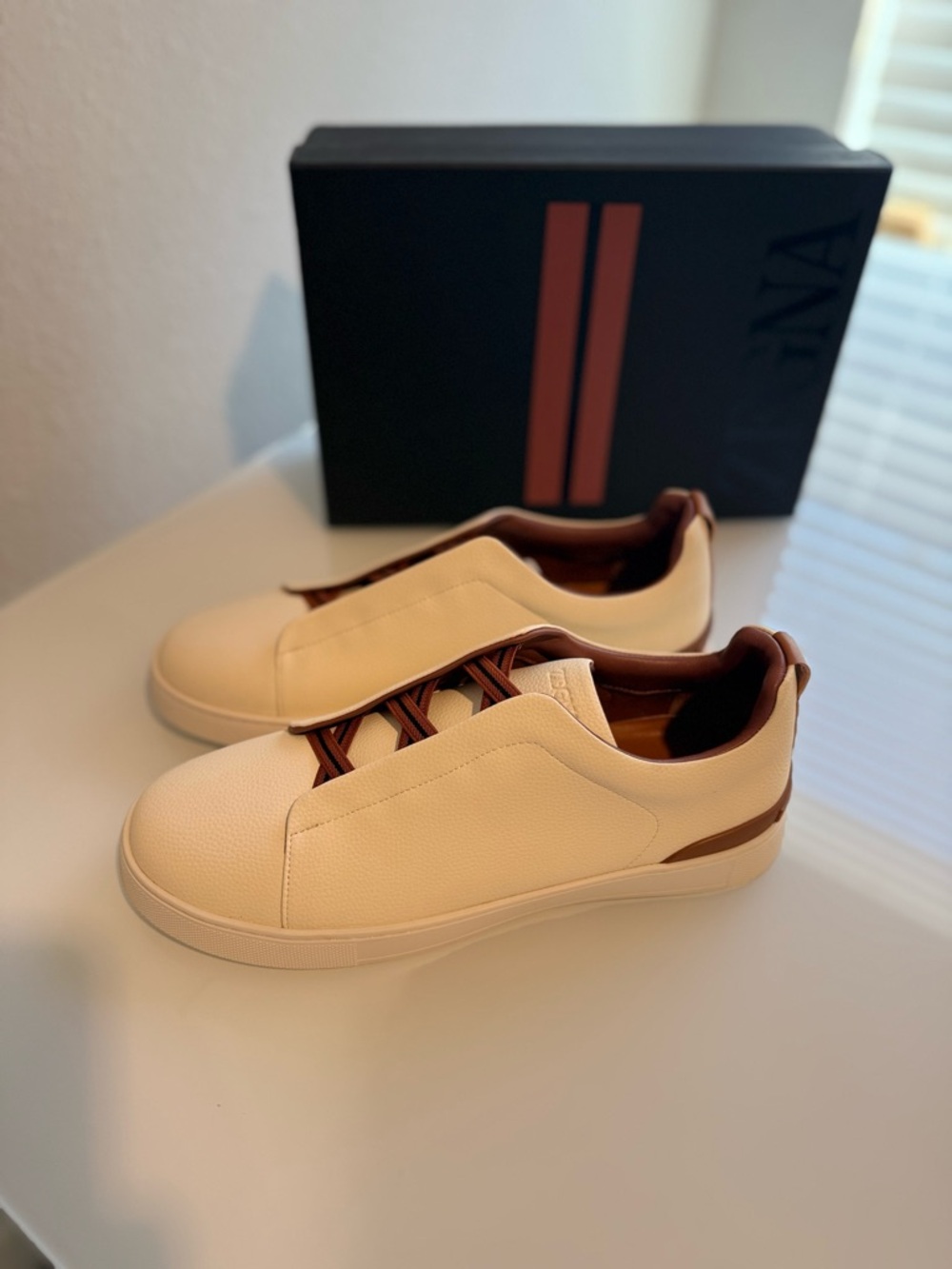Zegna Men's Cream & Brown Leather Sneakers Mint